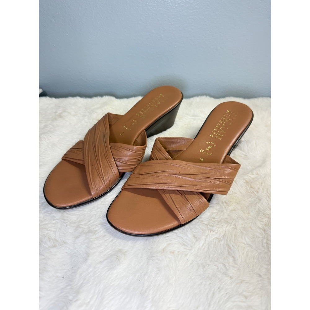 Italian Shoemakers Kenny Sandals Tan Leather Crisscross Wedge Slides Women's 9